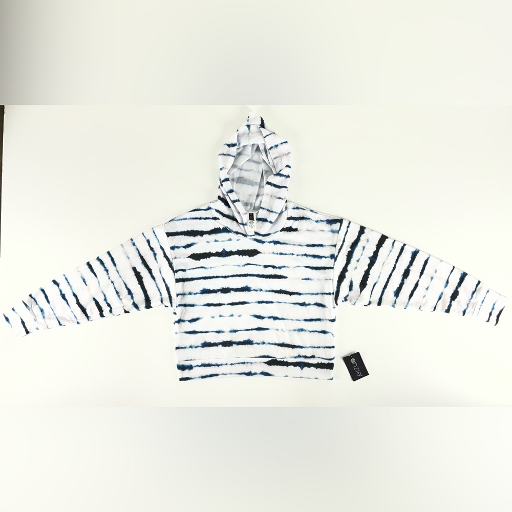 ONZIE Tie-Dye Striped Crop Hoodie‎ White Black Navy Blue Size M / L - Picture 2 of 12